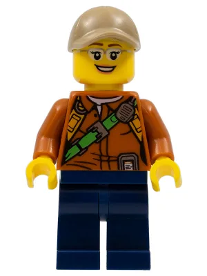 City Jungle Explorer Female - Dark Orange Shirt with Green Strap, Dark Blue Legs, Silver Glasses, Dark Tan Cap with Hole