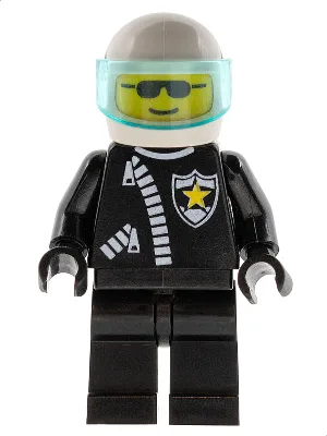 Polizei – Reißverschluss mit Sheriffstern, weißer Helm, transparent-hellblaues Visier, Sonnenbrille