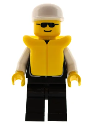 Polizeiuniform – Sheriffstern und 2 Taschen, schwarze Beine, weiße Arme, weiße Mütze, Schwimmweste, schwarze Sonnenbrille