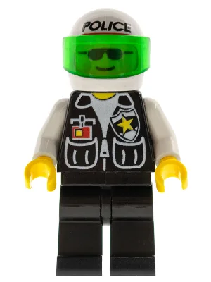 Police - Sheriff Star and 2 Pockets, Black Legs, White Arms, White Helmet with Police Pattern, Trans-Green Visor