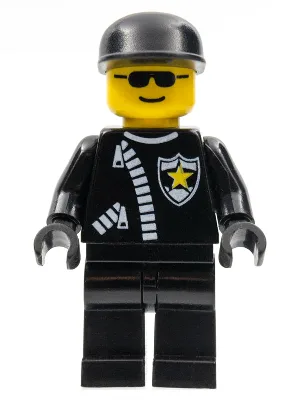 Polizei – Reißverschluss mit Sheriffstern, schwarze Kappe, schwarze Sonnenbrille