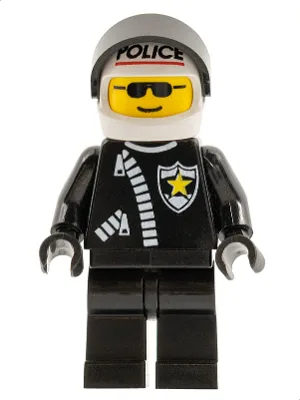 Polizei – Reißverschluss mit Sheriffstern, weißer Helm mit Polizeimuster, schwarzes Visier, Sonnenbrille