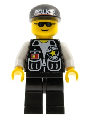 Polizeiuniform – Sheriffstern und 2 Taschen, schwarze Beine, weiße Ärmel, schwarze Mütze mit Polizeimuster, schwarze Sonnenbrille