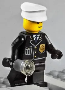 Politie - Stadsuniform met blauwe stropdas en badge, zwarte broek, witte pet - met zaklamp met verlichting