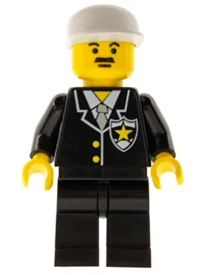 Politiepak met sheriffster, zwarte broekspijpen, witte pet