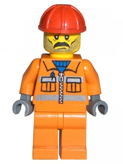 Ouvrier du bâtiment - Fermeture éclair orange, bandes de sécurité, bras orange, jambes orange, casque de chantier rouge, moustache et barbe de trois jours