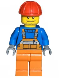 Salopette à bande de sécurité orange, jambes orange, casque de chantier rouge, sourire franc