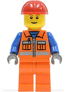 Ouvrier du bâtiment - Fermeture éclair orange, bandes de sécurité, manches bleues, jambes orange, casque de chantier rouge