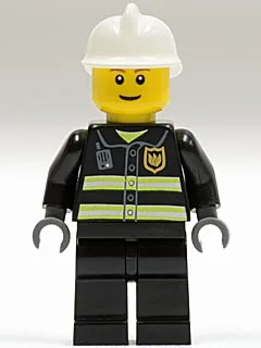 Feuerwehr – Reflektierende Streifen, schwarze Beine, weißer Feuerwehrhelm, braune Augenbrauen, schmales Grinsen