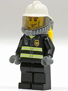 Feuerwehr – Reflektierende Streifen, schwarze Beinschienen, weißer Feuerwehrhelm, Atemschutzmaske mit Druckluftflaschen