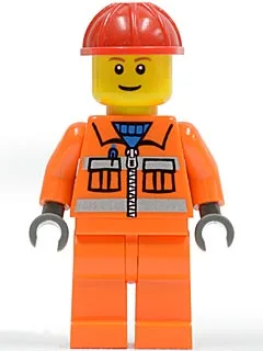 Bauarbeiter – Oranger Reißverschluss, Sicherheitsstreifen, orange Arme, orange Beine, roter Bauhelm, braune Augenbrauen, schmales Grinsen