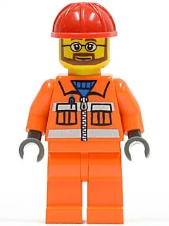 Bauarbeiter – Oranger Reißverschluss, Sicherheitsstreifen, orange Arme, orange Beine, roter Bauhelm, Bart und Brille