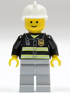 Brandweeruitrusting - Reflecterende strepen, lichtblauwgrijze benen, witte brandweerhelm, standaard grijns