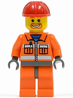 Ouvrier du bâtiment - Fermeture éclair orange, bandes de sécurité, manches orange, jambes orange, hanches gris bleu foncé, casque de chantier rouge