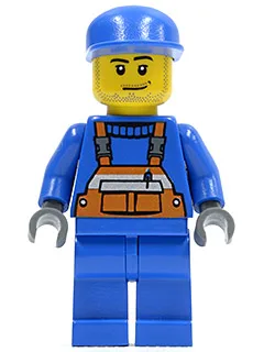 Overall mit Sicherheitsstreifen in Orange, blaue Beine, blaue Kappe, Grinsen und Dreitagebart