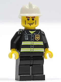 Brandweerkleding - Reflecterende strepen, zwarte benen, witte brandweerhelm, wanglijnen, gele handen