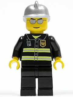 Feuerwehr – Reflektierende Streifen, schwarze Beine, silberner Feuerwehrhelm, silberne Sonnenbrille