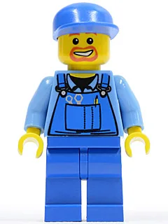 Overall met gereedschap in de zak, blauw, blauwe pet, baard rond de mond