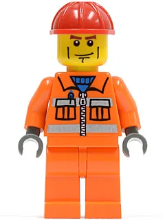 Bauarbeiter – Oranger Reißverschluss, Sicherheitsstreifen, orange Arme, orange Beine, roter Bauhelm