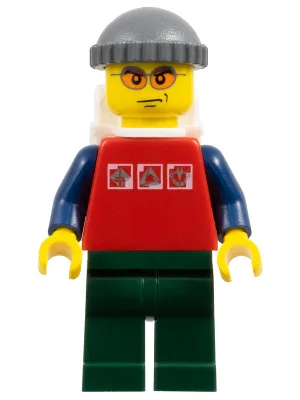 Rotes Hemd mit 3 silbernen Logos, dunkelblaue Ärmel, orangefarbene Brille, Rucksack