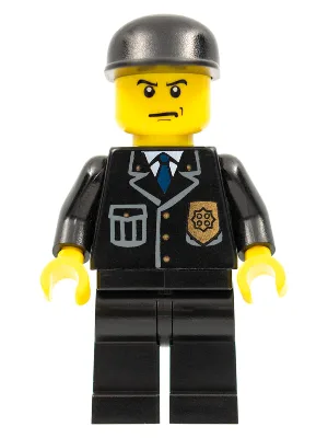 Polizei – Dienstanzug mit blauer Krawatte und Dienstmarke, schwarzen Hosenbeinen und schwarzer Mütze