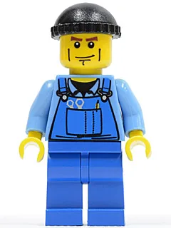 Overalls met gereedschap in de zak, blauw, zwarte gebreide muts, wangplooien