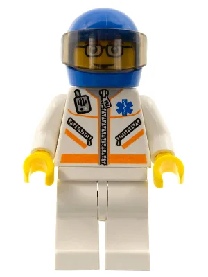 Arzt - Jacke mit Reißverschluss und Rettungssanitäter Star of Life - Weiße Beine, blauer Helm, durchsichtiges braunes Visier, Brille und braune Augenbrauen