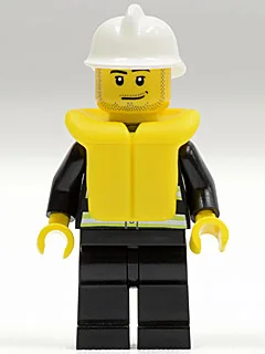 Tenue de pompier : bandes réfléchissantes, jambes noires, casque blanc, sourire narquois et barbe de trois jours, gilet de sauvetage