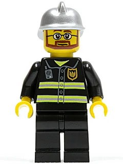 Feuerwehr – Reflektierende Streifen, schwarze Beine, silberner Feuerwehrhelm, Bart und Brille (Luftkissenfahrzeugpilot)