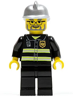 Feuerwehr – Reflektierende Streifen, schwarze Beine, silberner Feuerwehrhelm, Brille und Bart
