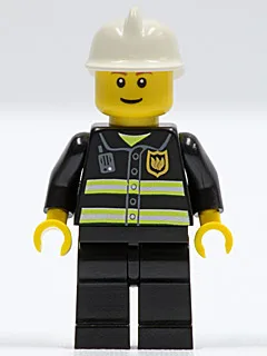 Feuer – Reflektierende Streifen, schwarze Beine, weißer Feuerwehrhelm, schmales Grinsen, gelbe Hände (Augenbrauen unbestimmt)