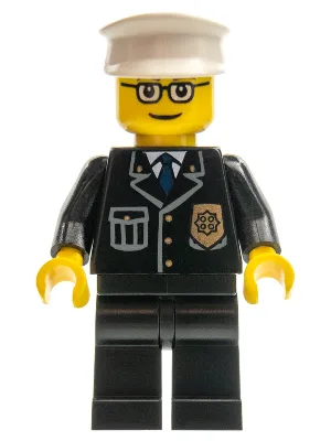 Politie - Stadsuniform met blauwe stropdas en badge, zwarte broek, bril, witte hoed