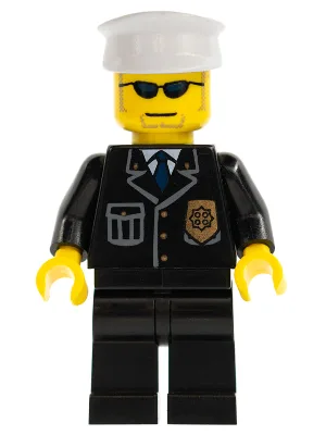 Politie - Stadsuniform met blauwe stropdas en badge, zwarte broek, zonnebril, witte hoed