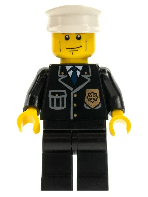 Politie-uniform - Stadspak met blauwe stropdas en badge, zwarte broekspijpen, verticale strepen op de wangen, bruine wenkbrauwen, witte hoed