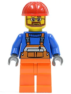 Overall mit orangefarbenem Sicherheitsstreifen, orangefarbene Beine, roter Bauhelm, Bart und Brille