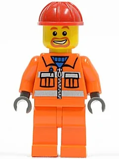 Bouwvakker - Oranje rits, veiligheidsstrepen, oranje armen, oranje benen, rode bouwhelm, baard rond de mond
