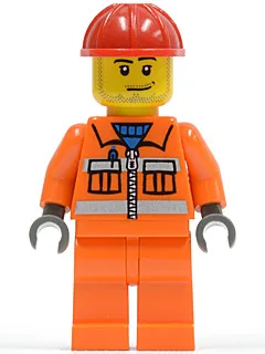 Construction Worker - Orange Zipper, Safety Stripes, Orange Arms, Orange Legs, Red Construction Helmet, Smirk and Stubble Beard