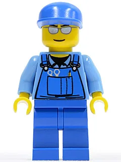 Overall met gereedschap in de zak, blauw, blauwe pet, zilveren zonnebril