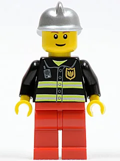 Pompier - Bandes réfléchissantes, jambes rouges, casque de pompier argenté, sourcils bruns, sourire fin