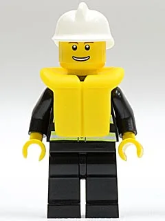 Pompier - Bandes réfléchissantes, jambes noires, casque de pompier blanc, sourire édenté, gilet de sauvetage