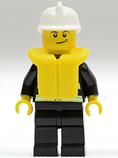Pompier - Bandes réfléchissantes, jambes noires, casque de pompier blanc, sourire en coin, gilet de sauvetage