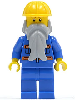 Blaue Jacke mit Taschen und orangefarbenen Streifen, blaue Beine, Bart, gelber Bauhelm, rotbraune Augenbrauen