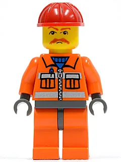 Ouvrier du bâtiment - Fermeture éclair orange, bandes de sécurité, bras orange, jambes orange, hanches gris bleu foncé, casque de chantier rouge, moustache brune