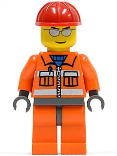 Ouvrier du bâtiment - Fermeture éclair orange, bandes de sécurité, manches et jambes orange, hanches gris bleu foncé, casque de chantier rouge, lunettes de soleil argentées