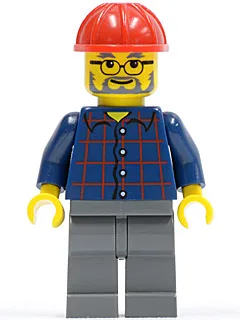 Plaid Button Shirt, Dark Bluish Gray Legs, Red Construction Helmet, Glasses, Gray Beard
