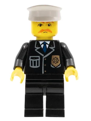 Polizei – Dienstanzug mit blauer Krawatte und Dienstmarke, schwarze Beine, brauner Schnurrbart, weißer Hut