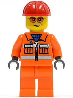 Bauarbeiter – Oranger Reißverschluss, Sicherheitsstreifen, orange Arme, orange Beine, roter Bauhelm, orange Brille