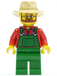 Salopette vert fermier, fedora beige, barbe et lunettes