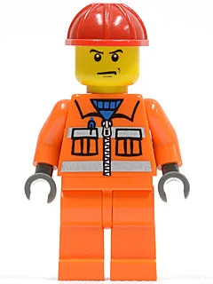 Bauarbeiter – Oranger Reißverschluss, Sicherheitsstreifen, orange Arme, orange Beine, roter Bauhelm, finsterer Blick