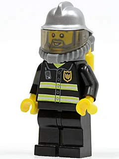 Feuerwehr – Reflektierende Streifen, schwarze Beine, silberner Feuerwehrhelm, grauer Bart, gelbe Atemluftflaschen